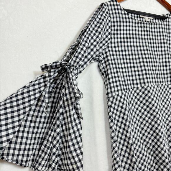 Ann Taylor Loft S Gingham Plaid Tied Bell Sleeve Top Picnic Cottage Prairie Cute - Picture 2 of 9